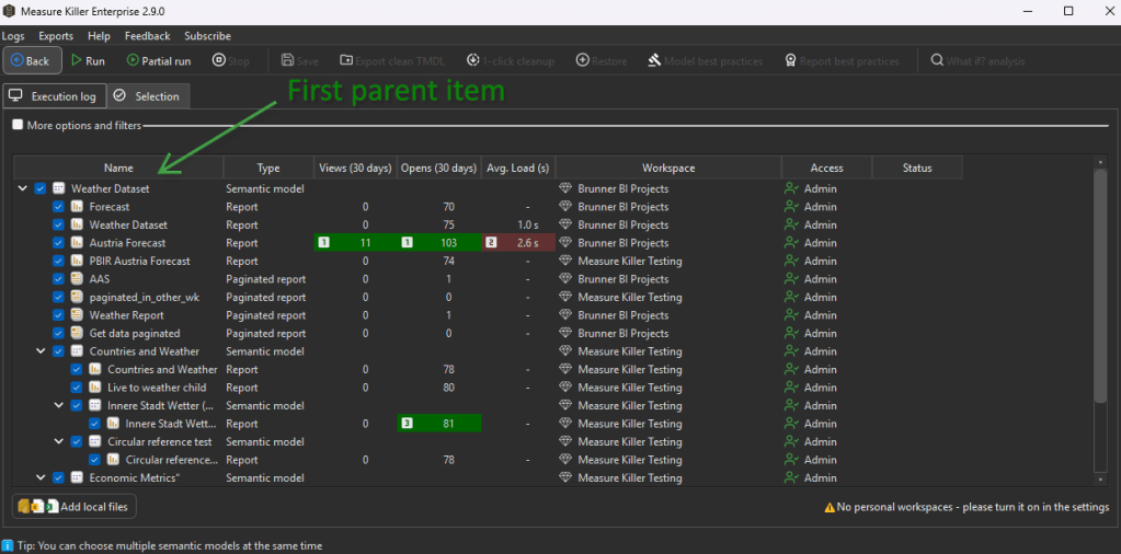 An example of a Qt Tree widget with checkable items in Measure Killer